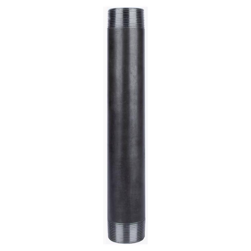 Black steel nipple fittings, 1.5-inch by 12-inch, from Emery Jensen, shown in a close-up image of the threaded pipe components.