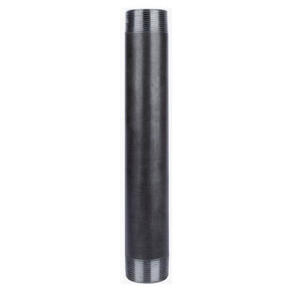 Black steel nipple fittings, 1.5-inch by 12-inch, from Emery Jensen, shown in a close-up image of the threaded pipe components.