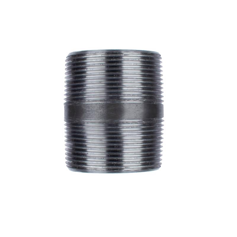 Black steel nipples, 1.5" x 2", from Emery Jensen, shown in a close-up image highlighting their durable construction.