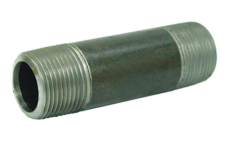 Black steel nipples by Emery Jensen, 1.5" x 3.5", shown in a close-up image of the 12-inch long pipe fittings.