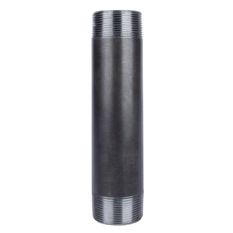 Black steel nipple fitting, 1.5" x 8" size, by Emery Jensen, showing the durable threaded connector for industrial piping.