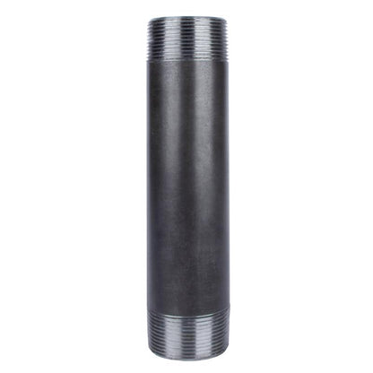 Black steel nipple fitting, 1.5" x 8" size, by Emery Jensen, showing the durable threaded connector for industrial piping.