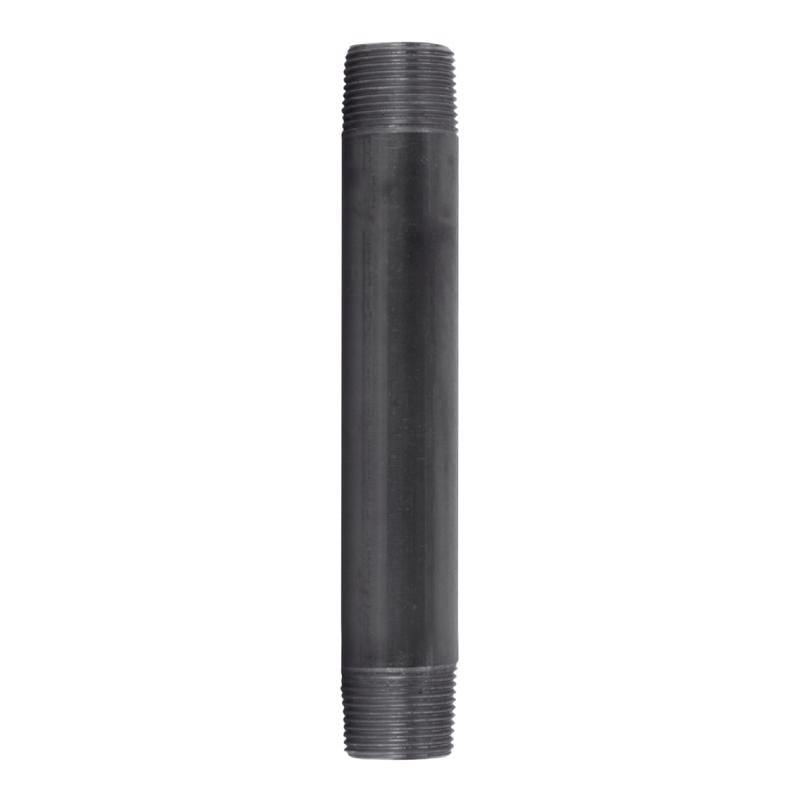Black steel nipple fittings, 1 inch by 8 inches, from Emery Jensen, designed for plumbing and industrial piping systems.
