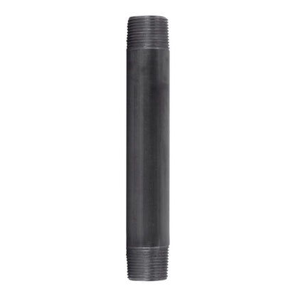 Black steel nipple fittings, 1 inch by 8 inches, from Emery Jensen, designed for plumbing and industrial piping systems.