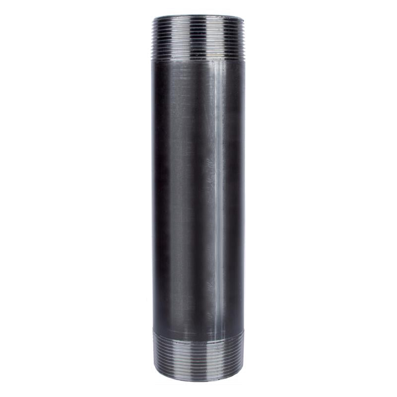 Black steel nipple fitting, 2x8 inches, from Emery Jensen, with threaded ends for pipe connection, shown in close-up.