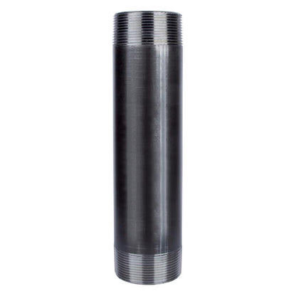 Black steel nipple fitting, 2x8 inches, from Emery Jensen, with threaded ends for pipe connection, shown in close-up.