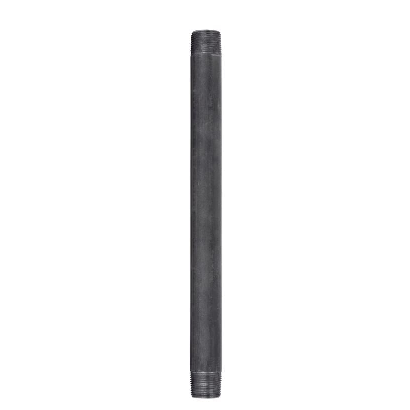 Black steel nipple, 3/4 inch by 12 inches, used for plumbing, manufactured by Emery Jensen, shown in a close-up image.