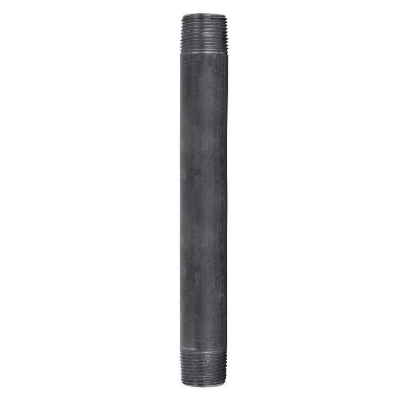 Black steel nipple fitting, 3/4 inch by 8 inches, from Emery Jensen, used for plumbing and pipe connections.