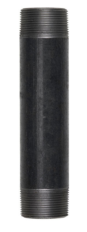 Black steel nipple fitting, 3/8 inch diameter and 3.5 inches long, by Emery Jensen, used for plumbing and pipe connections.