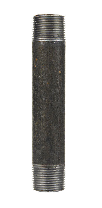 Black steel nipple fitting, 3/8 inch by 5 inches, from Emery Jensen, used in plumbing and pipe connections.