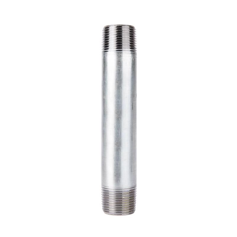 Emery Jensen steel nipple, 1 inch by 7 inches, galvanized finish, used in plumbing and pipe fittings, displayed on a white background.