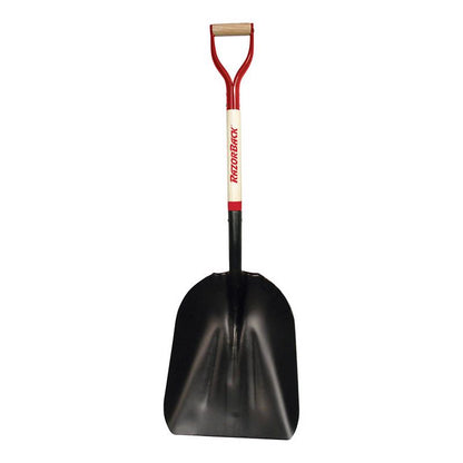 Steel scoop with D-handle, 27-inch length, model #12 by Emery Jensen, designed for efficient material handling.