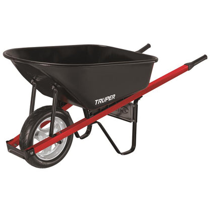 Black steel tub wheelbarrow by Emery Jensen with sturdy handles and a durable metal tray for garden or construction tasks.