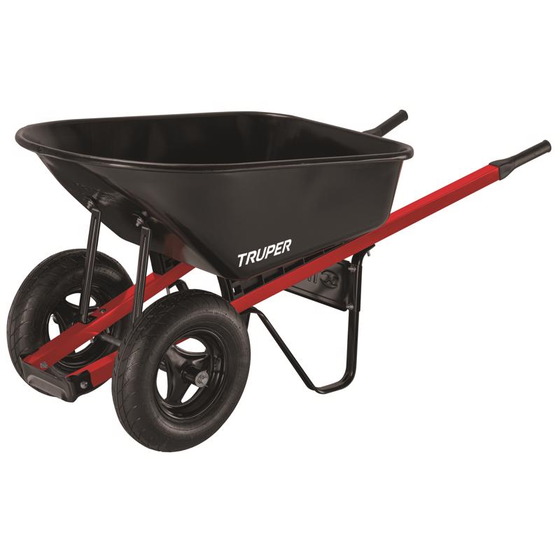 Black Emery Jensen steel tub wheelbarrow with two wheels and 6 cubic feet capacity, designed for heavy-duty gardening and construction tasks.