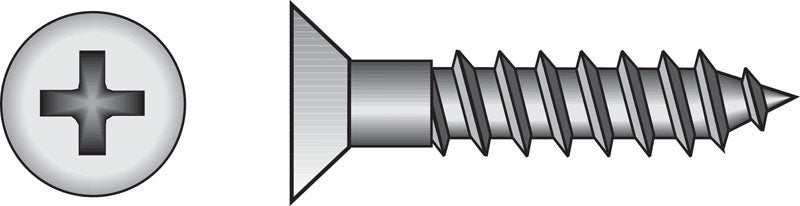 Steel wood screw by Emery Jensen, PHILLIP FH WS Z 6x5/8, shown in a close-up image with a zinc finish for durability.