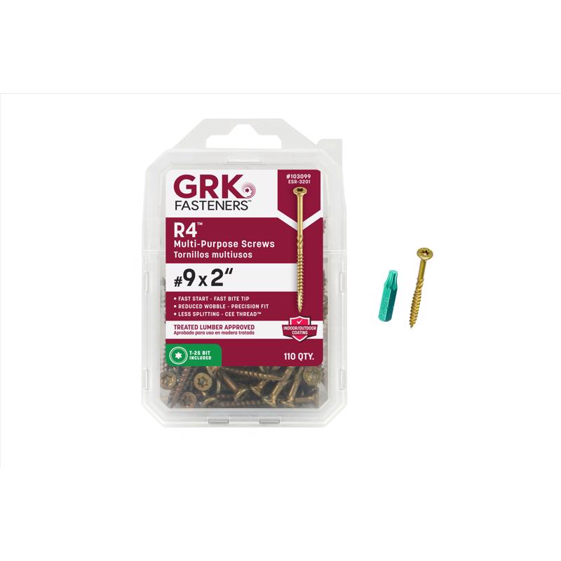 Emery Jensen R4 Steel Wood Screw #9x2 inches, pack of 110, showing the metal screw with threaded tip and flat head design.