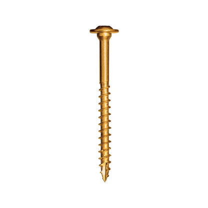 Steel wood screw by Emery Jensen, 5/16x2 1/2 inch size, shown in a close-up image highlighting its threaded steel construction.
