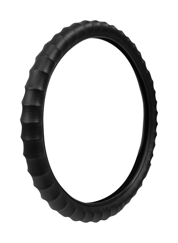 Black ribbed steering wheel cover by Emery Jensen, designed for a secure, comfortable grip on vehicle steering wheels.
