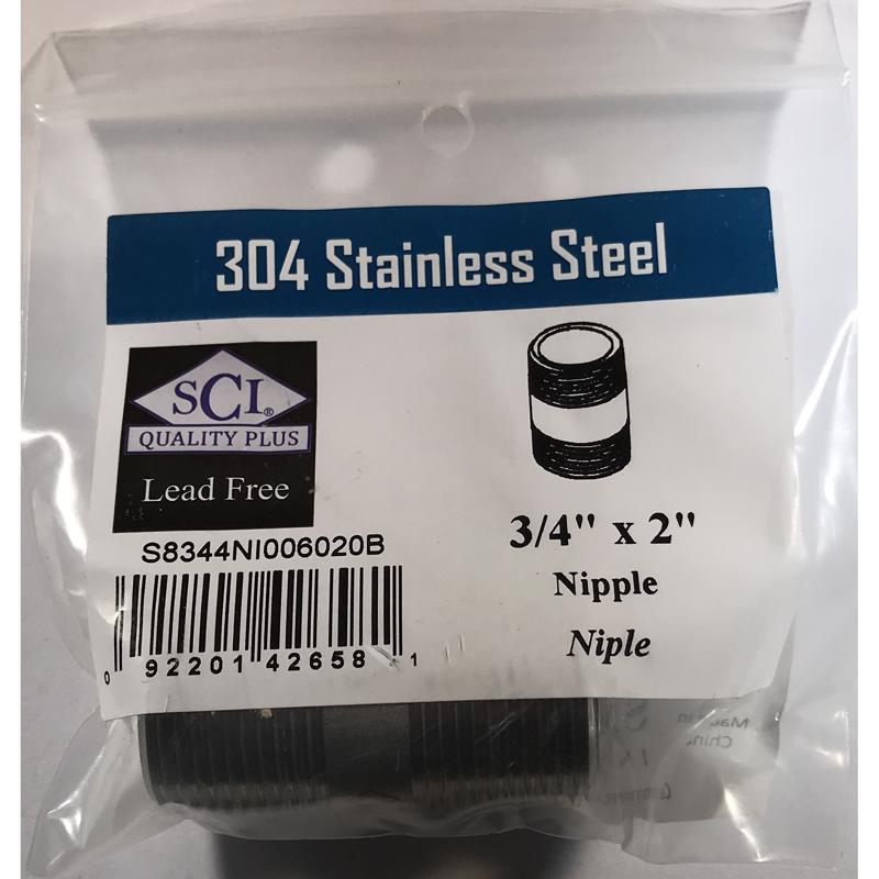 Stainless steel nipple fitting, 3/4 inch by 2 inches, from Emery Jensen, used for plumbing or pipe connections.