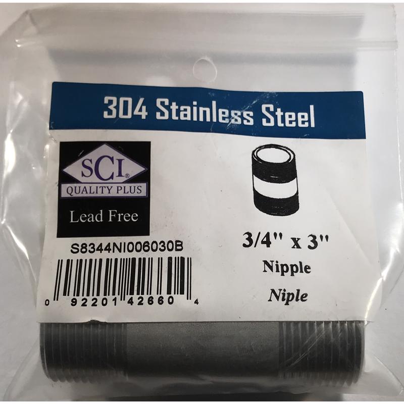 Stainless steel nipple fitting, 3/4 inch by 3 inches, from Emery Jensen, shown on white background with detailed threading.