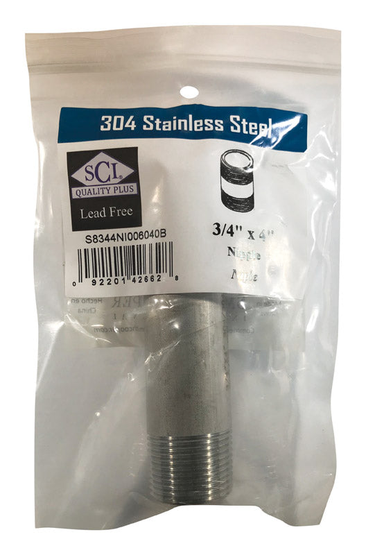 Stainless steel nipple fitting, 3/4 inch by 4 inches, by Emery Jensen, showing the threaded metal connector for plumbing use.