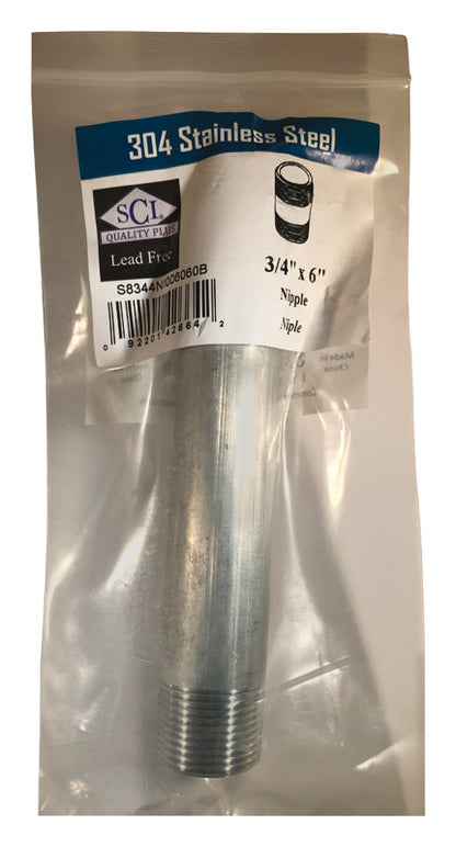 Emery Jensen stainless steel nipple, 3/4 inch by 6 inches, with threaded ends for plumbing or piping connections.