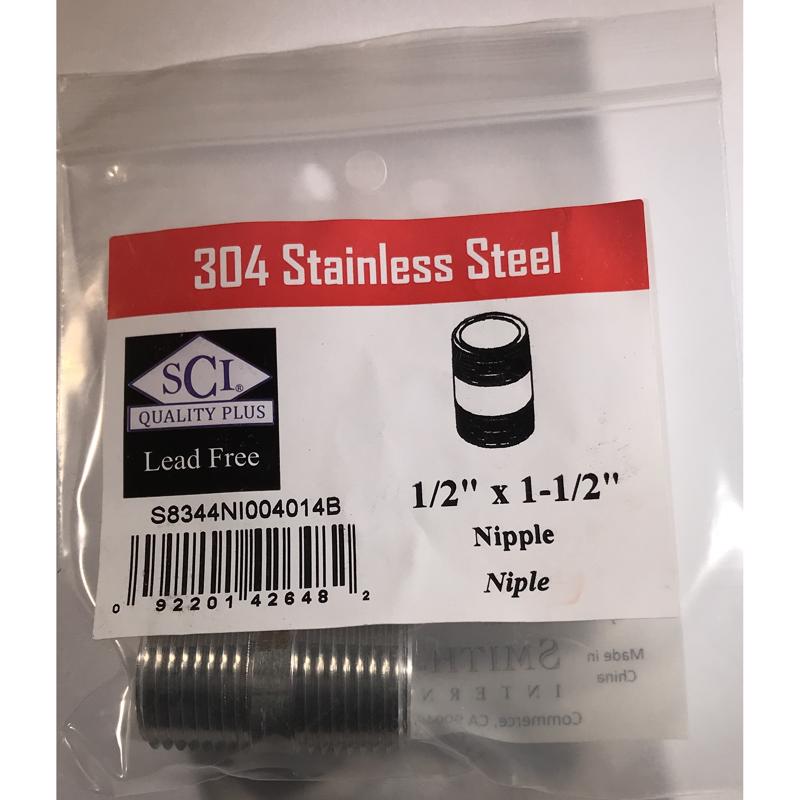 Stainless steel nipple fitting, 1/2 inch by 1.5 inches, by Emery Jensen, used for plumbing or industrial piping connections.