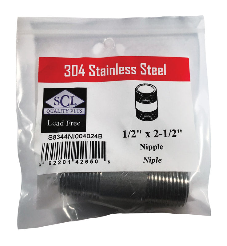 Stainless steel nipple fitting, 1/2 inch by 2.5 inches, by Emery Jensen, used in plumbing and industrial piping systems.