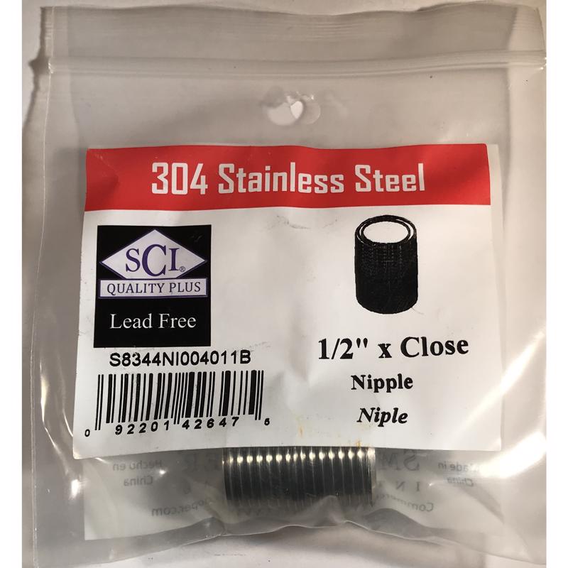 Emery Jensen stainless steel 1/2 inch nipple close fitting for plumbing, shown in the product image.