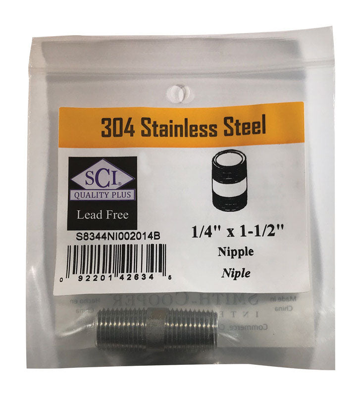Emery Jensen stainless steel nipple, 1/4 inch by 1.5 inches, showing the threaded pipe fitting for plumbing or industrial use