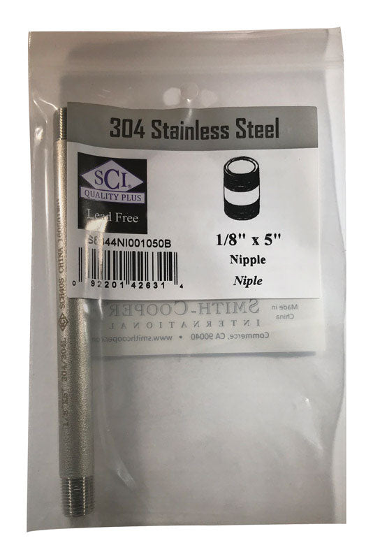 Stainless steel nipple fitting from Emery Jensen, 1/8 inch by 5 inches, shown with threaded ends on a white background.