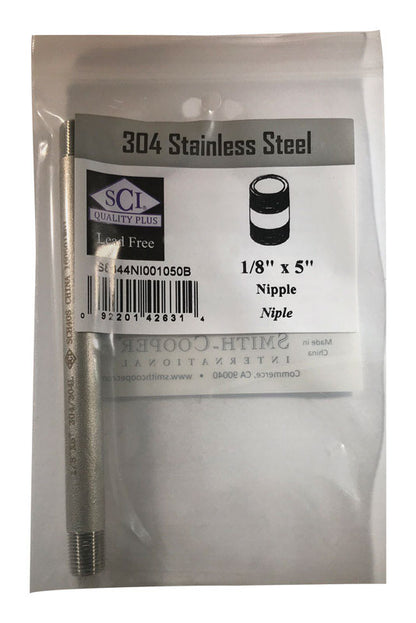 Stainless steel nipple fitting from Emery Jensen, 1/8 inch by 5 inches, shown with threaded ends on a white background.