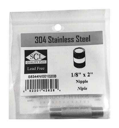 Emery Jensen stainless steel nipple pipe fitting, 1/8 inch by 2 inches, for plumbing or industrial applications.