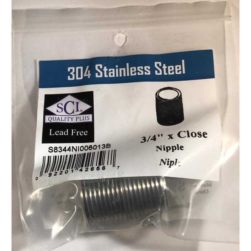 Stainless steel 3/4-inch close nipple fitting by Emery Jensen, 12-inch length, used in plumbing applications.