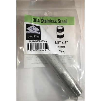 Stainless steel nipple fitting from Emery Jensen, 3/8 inch diameter, 5-inch length, used for plumbing connections.