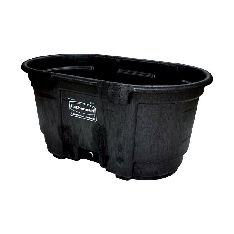 Emery Jensen 100-gallon poly stock tank with sturdy plastic construction for livestock water storage.