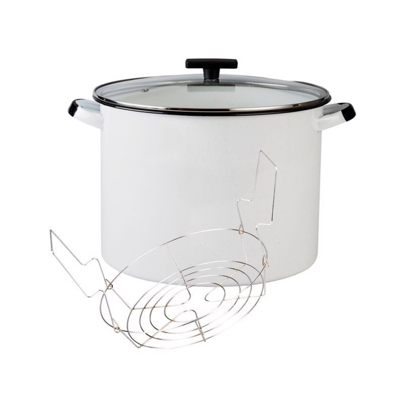 Emery Jensen 21-quart stainless steel stockpot with lid, ideal for canning and large batch cooking.