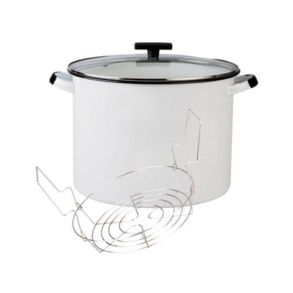 Emery Jensen 21-quart stainless steel stockpot with lid, ideal for canning and large batch cooking.