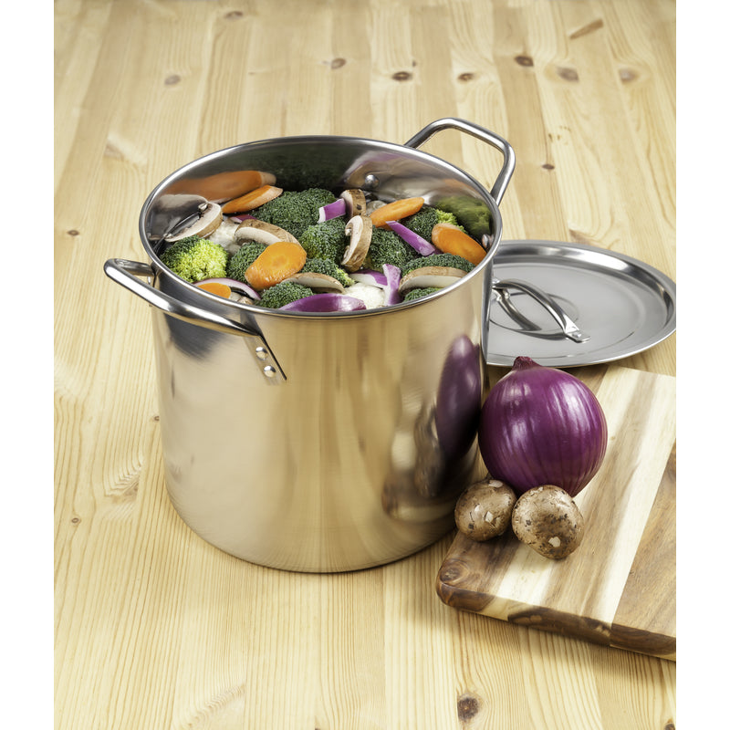 Emery Jensen 12-quart stainless steel stock pot with lid, ideal for large cooking and boiling.