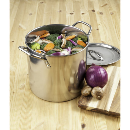 Emery Jensen 16-quart stainless steel stock pot with lid, ideal for large cooking and boiling tasks.