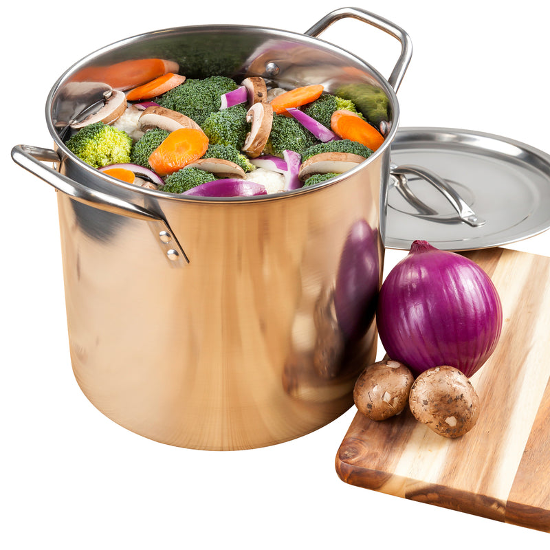 Silver 20-quart stainless steel stock pot by Emery Jensen, featuring a durable design and sturdy handles.