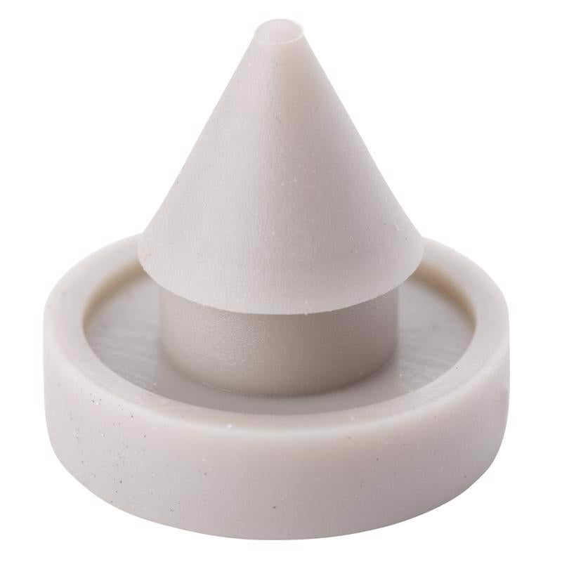 White plastic door bumper stop by Emery Jensen, mounted on a door to prevent damage and ensure smooth opening and closing.