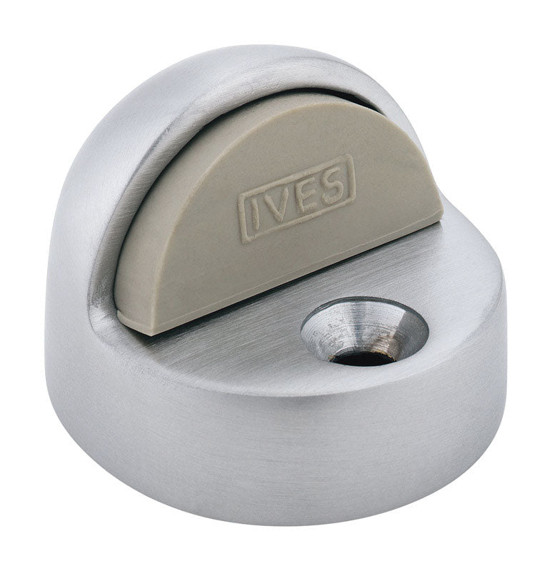 Emery Jensen floor mount doorstop in S shape, metal construction, mounted on the floor to prevent door movement.