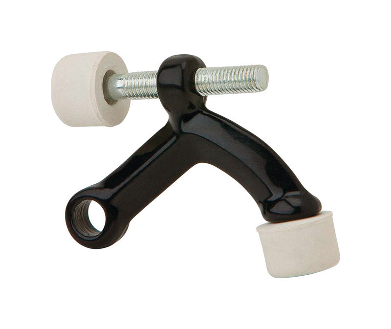 Black hinge pin door stop by Emery Jensen, showing a close-up of the sturdy door stop installed on a door.