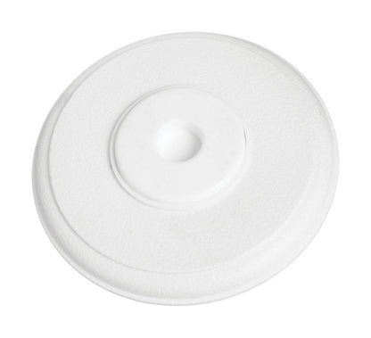 White plastic wall door stop by Emery Jensen, mounted on wall to prevent door damage and hold doors open.