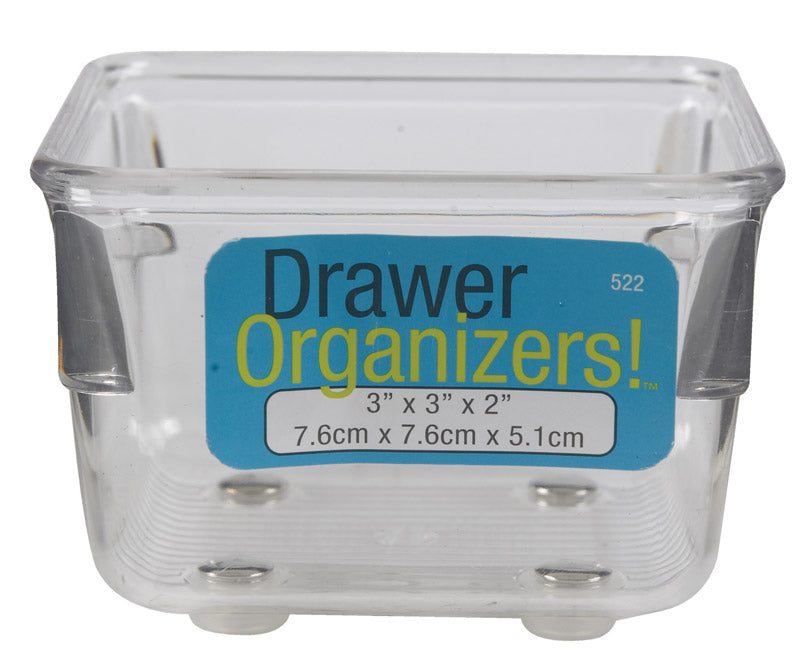 Clear Emery Jensen storage drawer organizer with 3x3x2 compartments for organizing small items in drawers.