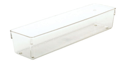 Clear Emery Jensen storage drawer organizer with four 16x3-inch compartments for efficient drawer organization