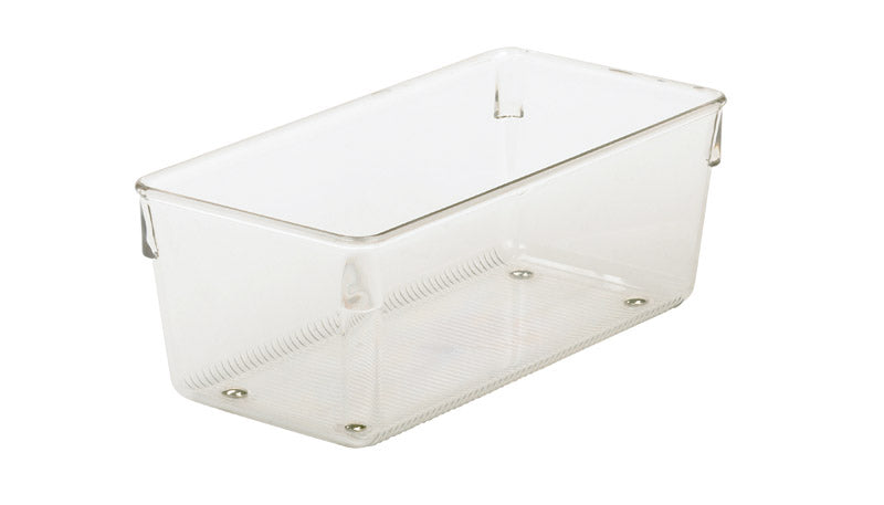 Clear Emery Jensen Linus storage drawer organizer, 4x8x3 inches, with multiple compartments for organizing small items.