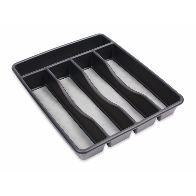 Black plastic cutlery tray by Emery Jensen, a storage drawer organizer with separate compartments for utensils.