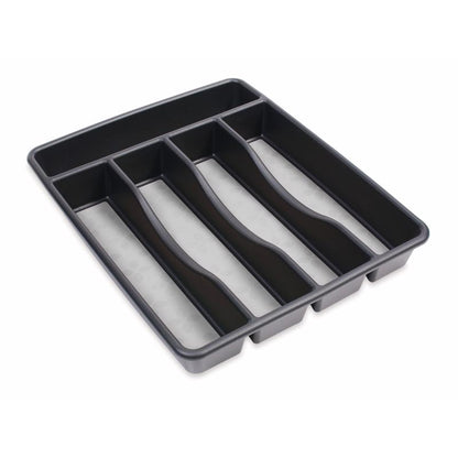 Black plastic cutlery tray by Emery Jensen, a storage drawer organizer with separate compartments for utensils.